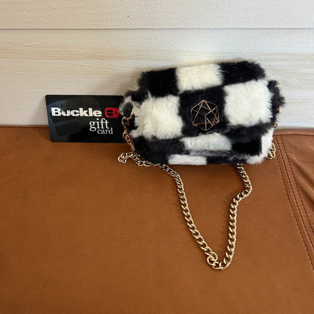 Mini Furry Checker Purse with Gold Chain
